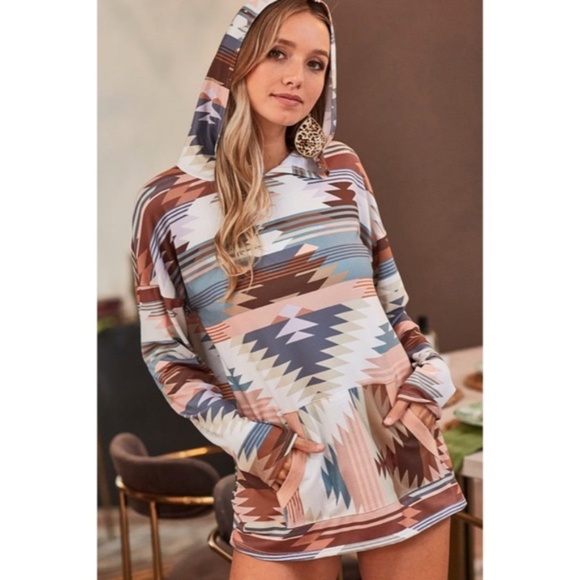 Nude Teal Western Bohemian Aztec Tribal Brushed Knit Long Sleeve Hooded Top - Picture 3 of 3